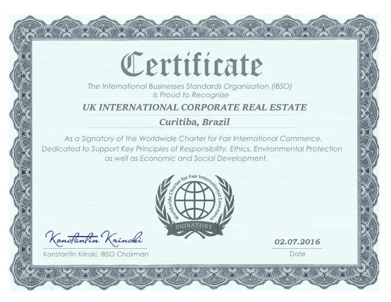 Certificado da International Businesses Standards Organization (IBSO) reconhecendo a UK International Corporate Real Estate, de Curitiba, como signatária do Worldwide Charter for Fair International Commerce